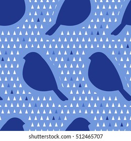 Seamless pattern with silhouette of bullfinch and triangles. New year and Christmas background.