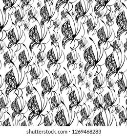 Seamless pattern. Silhouette of butterflies on a white background.

