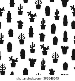 Seamless pattern with silhouette cacti in a pot. Icon of cactus flower. Desert plant