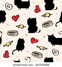 seamless pattern silhouette cat with cute mouse and love 