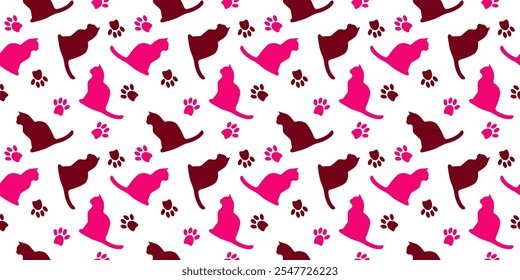 Patrón sin fisuras con la silueta de un gato y las huellas. Huellas de patas sobre un fondo blanco. Gráficos de Vector