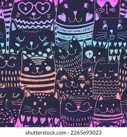 Seamless pattern with silhouette cats and hearts. Cute texture background. Wallpaper for girls. Fashion style