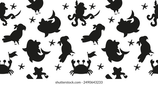 Seamless pattern silhouette characters pirate octopus parrot shark crab skull