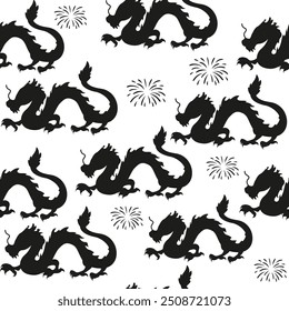 Seamless pattern silhouette Chinese new year with dragons