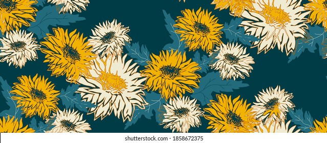 Nahtlose Muster mit Silhouette Chrysanthemum Blumen in voller Blüte. Frische Blumenvektor in trendiger Farbe auf Gewässer grün. Handgezeichnete Blumenelemente für Textilien, Gewebe, Tapeten.