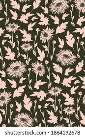 Seamless pattern with silhouette of Chrysanthemum flowers in full bloom. Freehand floral ornate spotted vector in two colors on khaki. Hand drawn floral elements for textile, fabric, wallpaper.