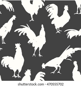 Seamless pattern with silhouette of cock in different poses on a black background. Sketch style. Vector illustration with roosters. Brush drawings.
