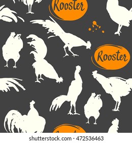 Seamless pattern with silhouette of cock in different poses. Sketch style. Vector illustration with black and white roosters. Brush drawings.
