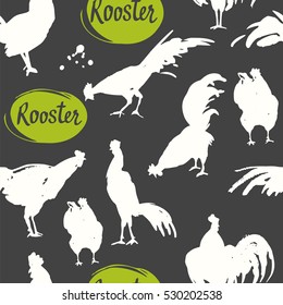 Seamless pattern with silhouette of cock in different poses. Sketch style. Vector illustration. Roosters in black, green and white colors. Brush drawings.
