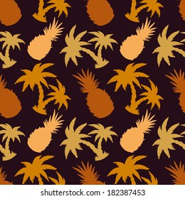 Seamless Pattern with Silhouette Coconut Palm Trees and Pineapples - vector