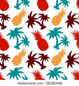 Seamless Pattern with Silhouette Coconut Palm Trees and Pineapples - vector