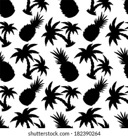 Seamless Pattern with Silhouette Coconut Palm Trees and Pineapples in Black and White - vector