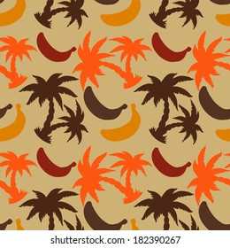 Seamless Pattern with Silhouette Coconut Palm Trees and Bananas - vector