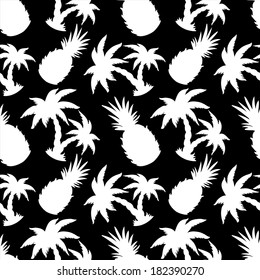 Seamless Pattern with Silhouette Coconut Palm Trees and Pineapples in Black and White - vector