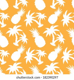 Seamless Pattern with Silhouette Coconut Palm Trees and Pineapples - vector