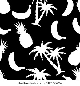 Seamless Pattern with Silhouette Coconut Palm Trees, Pineapples and Bananas in Black and White - vector 