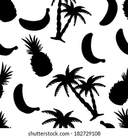 Seamless Pattern with Silhouette Coconut Palm Trees, Pineapples and bananas in Black and White - vector 