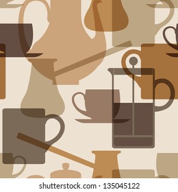 seamless pattern of silhouette coffee utensils, repeating pattern of cups, teapots and coffee pots in brown and beige tones on a cream background