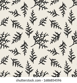 Seamless pattern with silhouette coniferous twigs. Graphically natural print. Repeating natural texture.