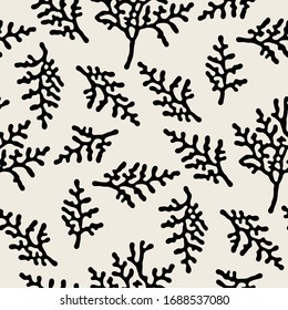 Seamless pattern with silhouette coniferous twigs. Graphically natural print. Repeating natural texture.