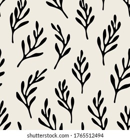 Seamless pattern with silhouette coniferous twigs. Graphically natural print. Repeating natural texture.