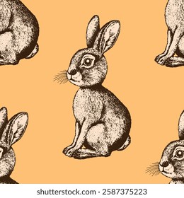 Seamless pattern with silhouette cute bunny, Easter rabbit, hare on color background. Design for card, postcard, wallpaper, fabric, textile. Vector illustration. Cartoon style.