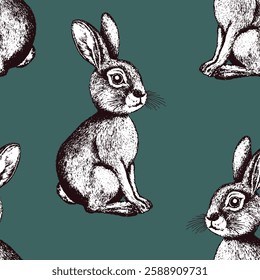 Seamless pattern with silhouette cute bunny, Easter rabbit, hare on color background. Design for card, postcard, wallpaper, fabric, textile. Vector illustration. Cartoon style.