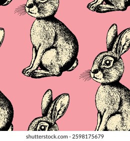 Seamless pattern with silhouette cute bunny, Easter rabbit, hare on color background. Design for card, postcard, wallpaper, fabric, textile. Vector illustration. Cartoon style.