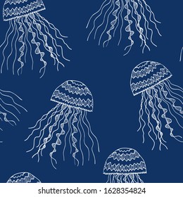 Seamless pattern with silhouette cute  jellyfish on classic blue background. Vector animals colorful illustration. Adorable character for cards, wallpaper, textile, fabric, kindergarten.Cartoon style.
