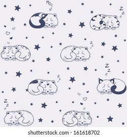 seamless pattern silhouette with cute sleeping kittens