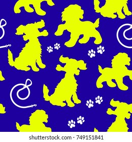 Seamless pattern, silhouette of cute yellow dogs, on blue background, vector