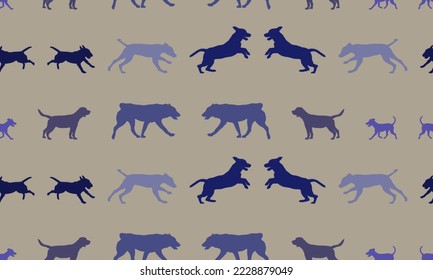 Nahtloses Muster. Silhouette Hunde verschiedene Rassen in verschiedenen Posen. Endlose Textur. Design für Stoff, Dekoration, Tapete, Wickelpapier, Oberflächendesign. Vektorgrafik.