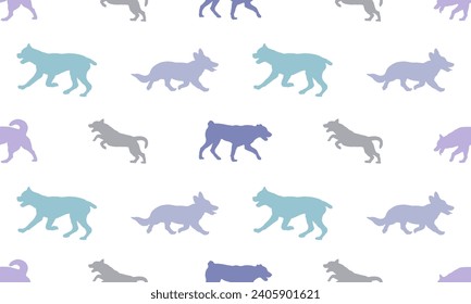 Seamless pattern. Silhouette dogs different breeds in various poses. Isolated on a white background. Endless texture. Design for fabric, decor, wallpaper. Vector illustration.