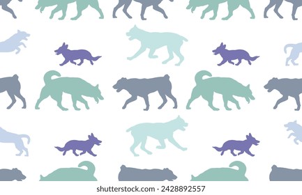 Seamless pattern. Silhouette dogs different breeds in various poses. Isolated on a white background. Endless texture. Design for fabric, decor, wallpaper. Vector illustration.