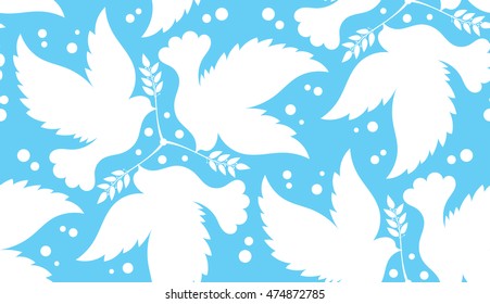 Seamless pattern of silhouette dove with an olive branch.