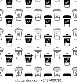 Seamless pattern of silhouette drawn disposable coffee cups with grains on it and lid. Background