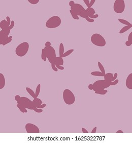 Seamless pattern with silhouette Easter colorful rabbits and Easter eggs on pink background. Design for card, postcard, wallpaper, posters, fabric, textile. Vector stock illustration. Doodle style. 
