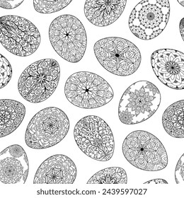 Seamless pattern of silhouette Easter eggs with floral patterns, mandala, curls, flowers. Hand drawn spring ornate illustration at Easter, greeting card, wallpaper, wrapping paper, fabric, textile