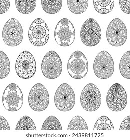 Seamless pattern of silhouette Easter eggs with floral patterns, mandala, curls, flowers. Hand drawn spring ornate illustration at Easter, greeting card, wallpaper, wrapping paper, fabric, textile
