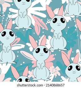 Seamless pattern with silhouette Easter rabbits on color background. Design for card, postcard, wallpaper, fabric, textile. Vector stock illustration. Cartoon style.