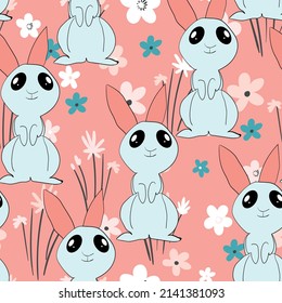 Seamless pattern with silhouette Easter rabbits on color background. Design for card, postcard, wallpaper, fabric, textile. Vector stock illustration. Cartoon style.