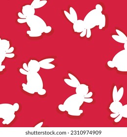 Seamless pattern with silhouette Easter rabbits on color background. Design for card, postcard, wallpaper, fabric, textile. Vector stock illustration. Cartoon style.