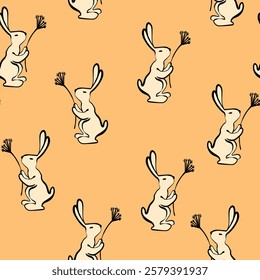 Seamless pattern with silhouette Easter rabbits on color background. Design for card, postcard, wallpaper, fabric, textile. Vector illustration. Cartoon style.