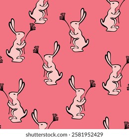 Seamless pattern with silhouette Easter rabbits on color background. Design for card, postcard, wallpaper, fabric, textile. Vector illustration. Cartoon style.