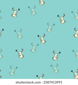 Seamless pattern with silhouette Easter rabbits on color background. Design for card, postcard, wallpaper, fabric, textile. Vector illustration. Cartoon style.