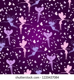 Seamless pattern with silhouette fairies and autumn elements. Beauty Background with fairy for girls. Kids pattern with cute fairy. Vector illustration.