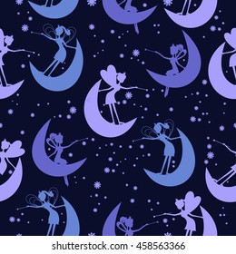 Seamless pattern with silhouette fairy for kid. Children's fairy background for girls. Pattern for girl, pattern with fairy. Baby pattern with cute fairy. 