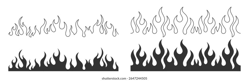 Seamless pattern silhouette flame or fire set, tribal tattoo ornament collection, fire flames vector icons and clipart, retro decoration design elements illustration on transparent background