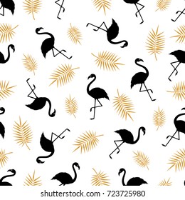 Seamless pattern with silhouette of a flamingo and palm branch on a white background. Vector. A simple template. Vector illustration.