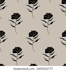 Seamless pattern with silhouette flower and leaves. Nature hand-drawn background. Vector print wallpaper, textile fabric swatch, cover.